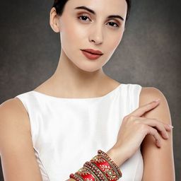Peora Set of 10 Gold-Plated & Red Silk Thread Handcrafted Kundan Bangles-16