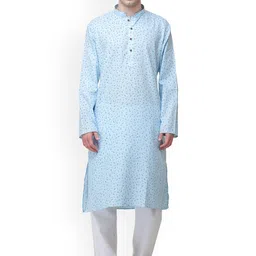 Exotic India Floral Printed Mandarin Collar Regular Pure Cotton Kurta with Pyjamas-picture-9
