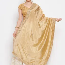 Clora Creation Beige & Gold-Toned Embroidered Dupatta with Beads and Stones-1