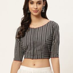 tantkatha Women Black & Grey Striped Boat Neck Saree Blouse-51