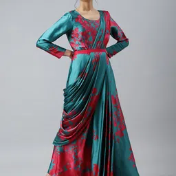 WISHFUL Women Green Satin Printed Fusion Maxi Dress-image-43