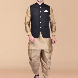 PRINTCULTR Mandarin Collar Pure Silk Kurta & Dhoti Pants With Nehru jacket-image-95