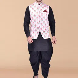PRINTCULTR Mandarin Collar Regular Pure Silk Kurta With Harem Pants & Nehru jacket-picture-43