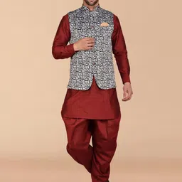 PRINTCULTR Mandarin Collar Pure Silk Kurta with Harem Pants & Nehru Jacket-picture-48