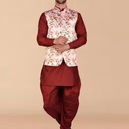 PRINTCULTR Mandarin Collar Pure Silk Kurta with Harem Pants & Nehru Jacket-picture-39