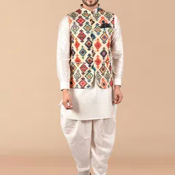 PRINTCULTR Mandarin Collar Long Sleeve Regular Pure Silk Kurta Set With Nehru jacket-image-10