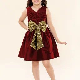 A T U N Maroon & Gold-Toned  Sequins Bow Fit and Flare Dress-image-23