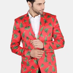 Wintage Men Red Printed Christmas Blazer-24