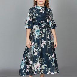 Peppermint Girls Floral Printed Bell Sleeves Satin Gown Dress With Belt-image-51