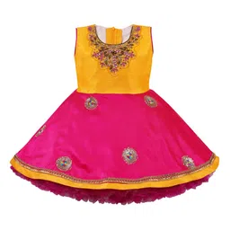 Wish Karo Girls Yellow Colourblocked Satin Dress-image-51