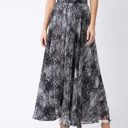 Zima Leto Women Black & White Abstract Printed Flared Maxi Skirts-image-37