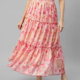 DEEBACO Floral Printed Chiffon Tiered Maxi Skirts-51