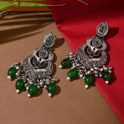 Fida Silver Plated Artificial Stones Studded Beads Beaded Oxidised Chandbalis Earrings-32