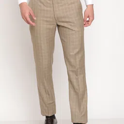 Cantabil Men Beige Checked Classic Pleated Trousers-image-96