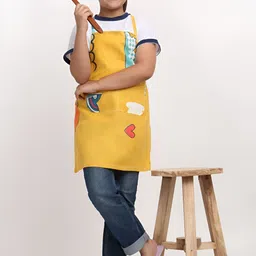 Arrabi Kids Yellow & White Printed Apron With 2 Patch Pockets-7