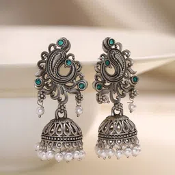 Priyaasi Silver-Plated Contemporary Tribal Peacock Jhumkas-image-34