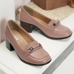 ELLE Peach-Coloured Round Toe Pumps Block Heels-16