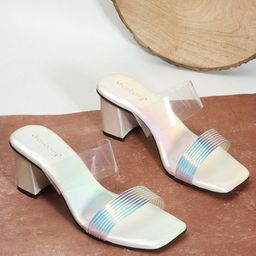 DressBerry White Textured Open Toe Block Heels-5