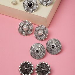 PANASH Set Of 4 Silver-Plated Oxidized Circular Studs Earrings-13