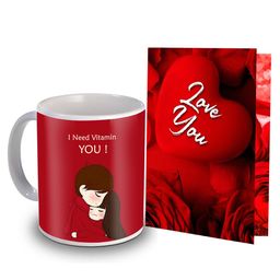 ME & YOU Red & White 2 Pieces Printed Mug & Greeting Card Home Gift Set-image-102