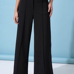 Tokyo Talkies Women Black Flared Pleated Mid-Rise Wide Leg Trousers-image-39