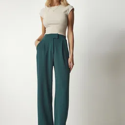 Happiness istanbul Women Mid-Rise Pleated Plain Parallel Trousers-image-73