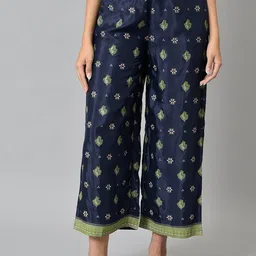 W Women Blue Ethnic Motifs Printed Cropped Trousers-picture-54