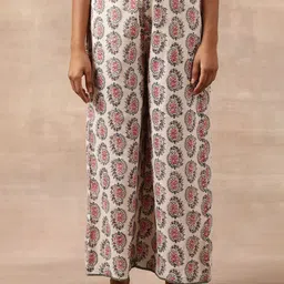 W Women Cream The Folksong Collection Flared Ethnic Motifs Printed Parallel Trousers-picture-10