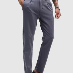 Snitch Men Charcoal Grey Plain Slim Fit Trousers-image-32