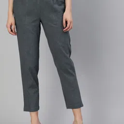 Jaipur Kurti Women Grey Straight Fit Pleated Cropped Cotton Cigarette Trousers-image-71