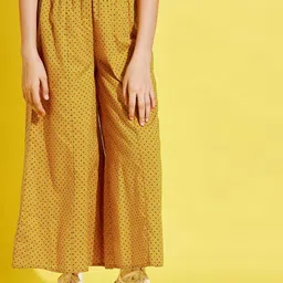 Cherry & Jerry Girls Mustard Yellow Printed Relaxed cotton Trousers-image-11