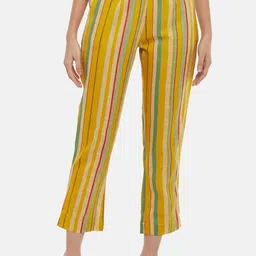 RANGMANCH BY PANTALOONS Women Mustard Striped Cotton Cropped Trouser-image-11