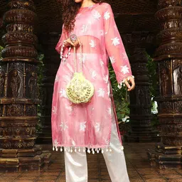 QISSA Round Neck Long Sleeves Self Design Straight Kurta with Trouser-14