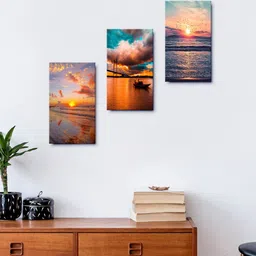 999Store Orange & Blue Set Of 3 Sunsets On Beaches Framed Wall Arts-19
