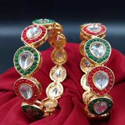 AARNAA Set Of 2 Gold-Plated Kundan & Cubic Zircon-Studded Chuda Bangles-image-13