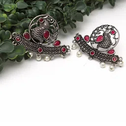 Ozanoo Brass Plated Peacock Shaped Oxidised Stone Studded Drop Earrings-16