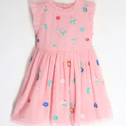 Cherry Crumble Girls Floral Embroidered Flutter Sleeves Cotton Fit & Flare Dress-picture-17