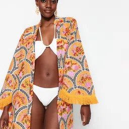 Trendyol Floral Printed Mandarin Collar Long Sleeves Swimwear Cover up Top-picture-10