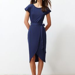 Trendyol Extended Sleeves Tulip Hen & Tie-Ups Detail Pure Cotton Sheath Dress-image-63