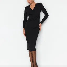 Trendyol V-Neck Gathered or Pleated Sheath Midi Dress-picture-41