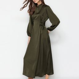 Trendyol High Neck Puff Sleeves Tie Ups A-Line Midi Dress-image-20