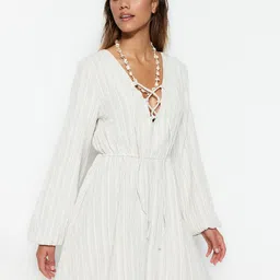 Trendyol Striped Tie Up Neck Puff Sleeve Fit & Flare Dress-image-82