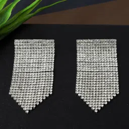 DressBerry Silver-Plated Rhinestones Studded Contemporary Shaped Tasselled Drop Earrings-12