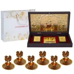 INTERNATIONAL GIFT 7 Pcs Gold-Plated Durga Maa Idol With Charan Paduka & Diyas Gift Set-image-59