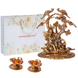 INTERNATIONAL GIFT Brown Radha Krishna Tree Statue With Diya Set-12