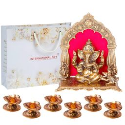 INTERNATIONAL GIFT Brown Brass Ganesh God Idol & 6 Pieces Diyas Home Gift Set-image-98