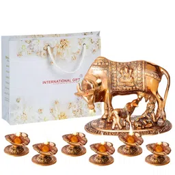 INTERNATIONAL GIFT Gold Toned & Maroon Kamdhenu Cow With Calf Statue-image-74