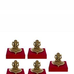 INTERNATIONAL GIFT Gold Toned Lord Ganesha Sitting On Leaf With Diya Idol With Box-image-32