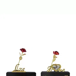 INTERNATIONAL GIFT Gold Toned 2 Pieces Red Rose Flower with Love Stand Home Gift Sets-image-87