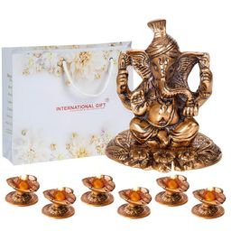 INTERNATIONAL GIFT Brown Pagdi Ganesh God Idol Statue With Hand Diya Gift Set-image-79